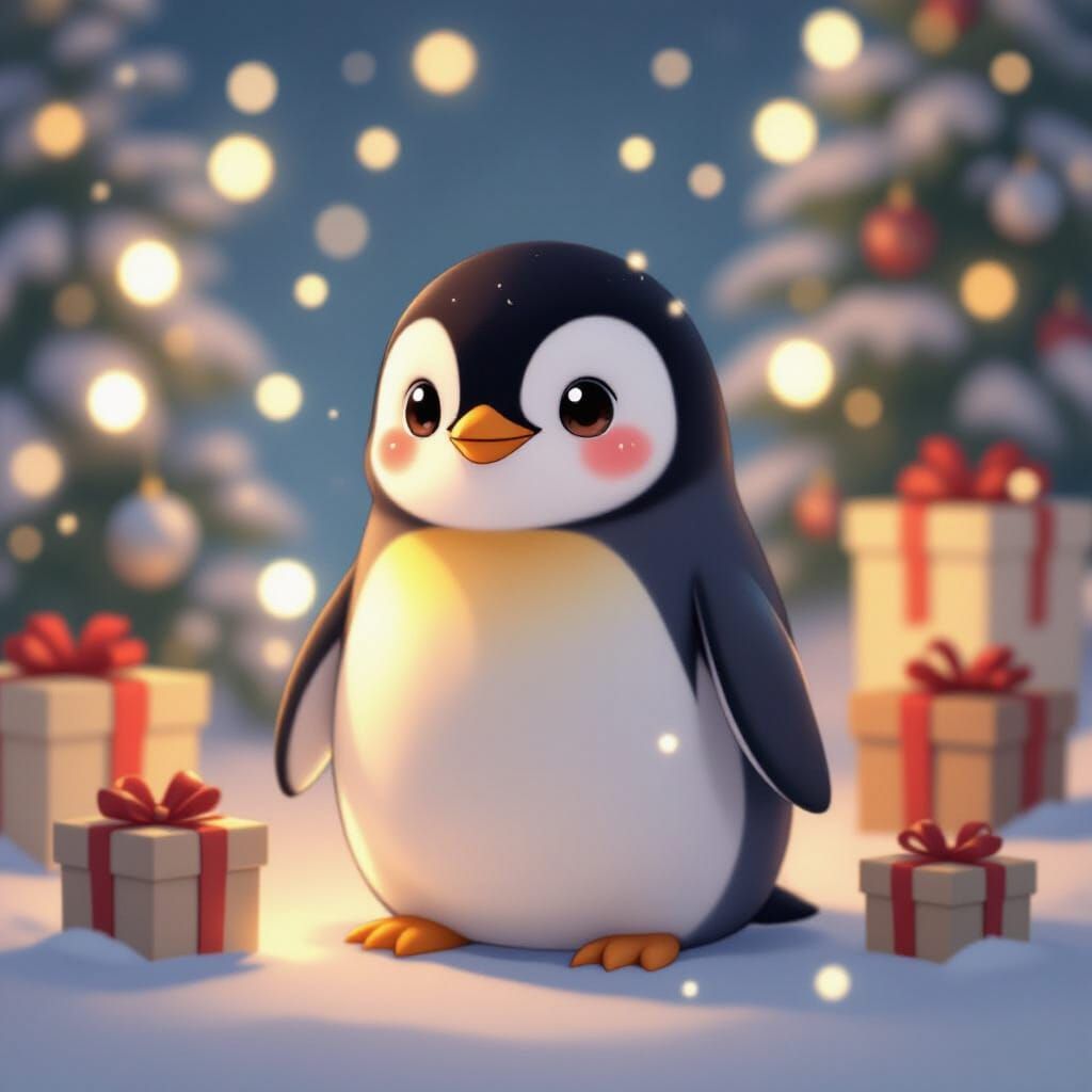 Anime Christmas Penguin in Dreamlike Holiday Scene
