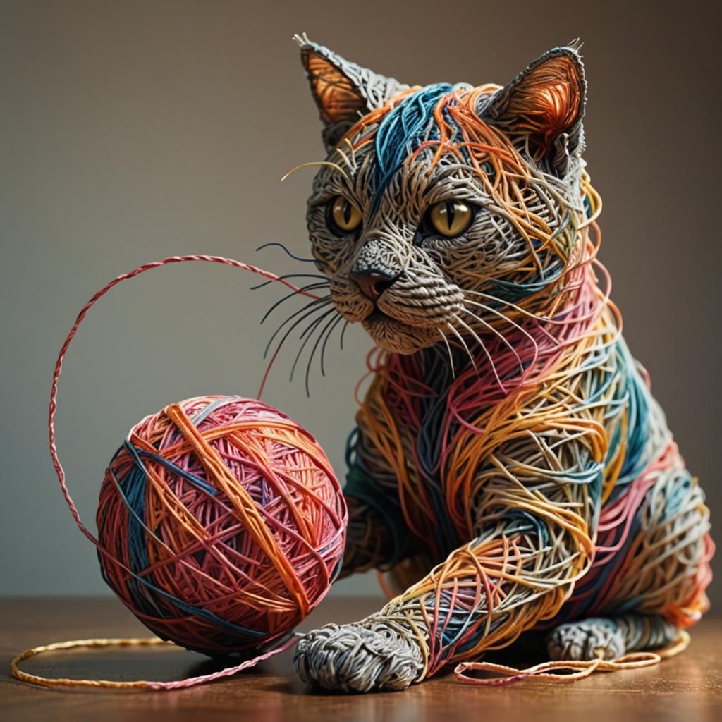 Hyper-Realistic String Art Sculpture of a Cat