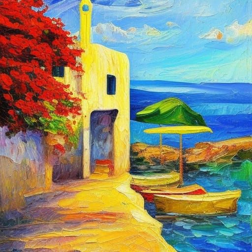 Greek Island Cafe Meets London, Impasto Oil Painting