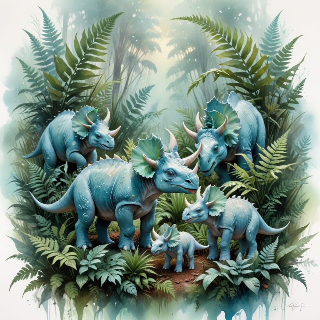 Triceratops Calves Play in Misty Cretaceous Glade