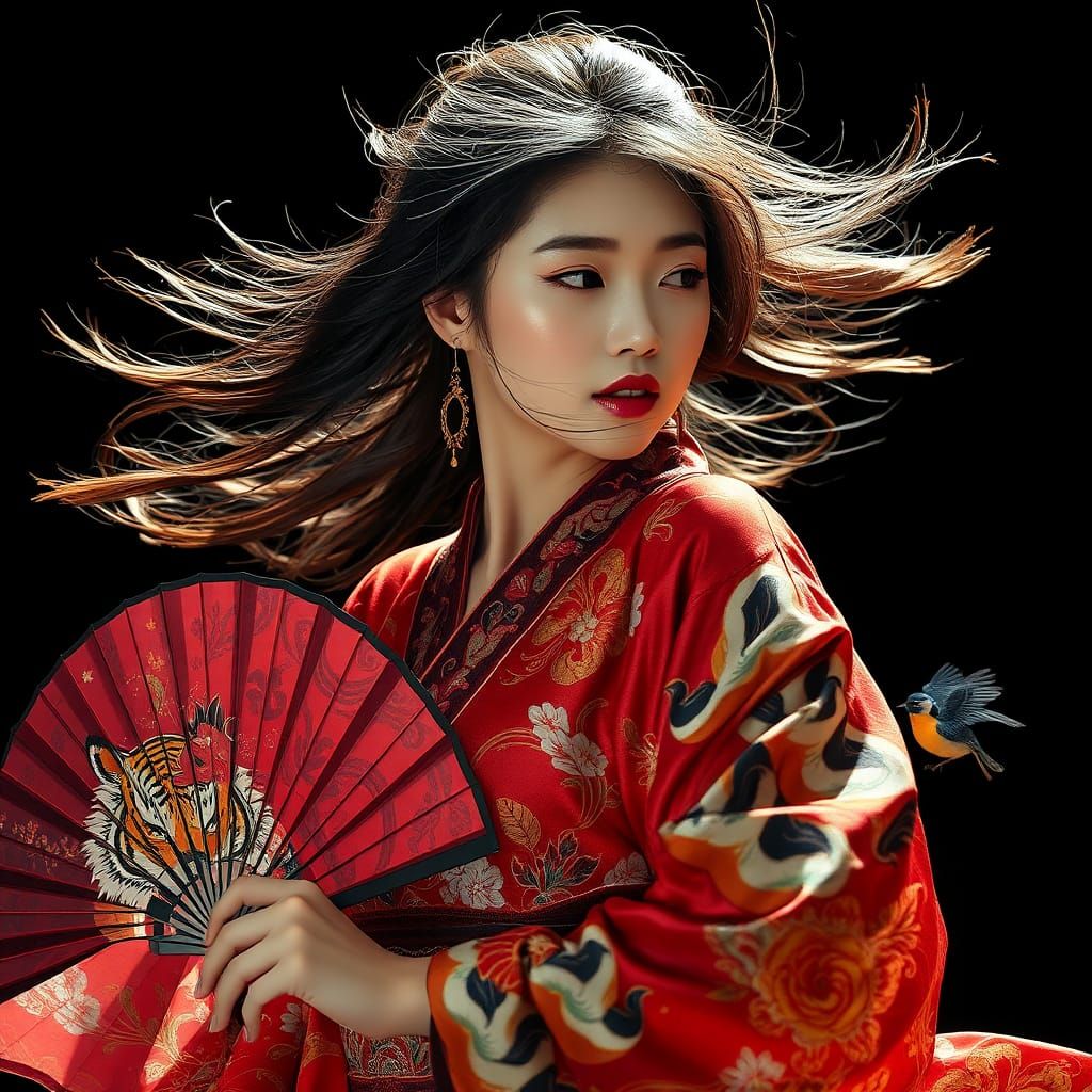 Korean Woman Dancing with Fan in Ornate Kimono