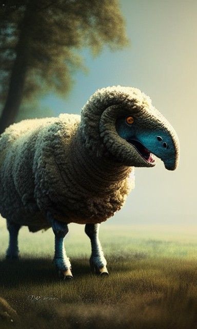 Woolly Dinosaur-Sheep Hybrid: Hyperrealistic Science Illustr...