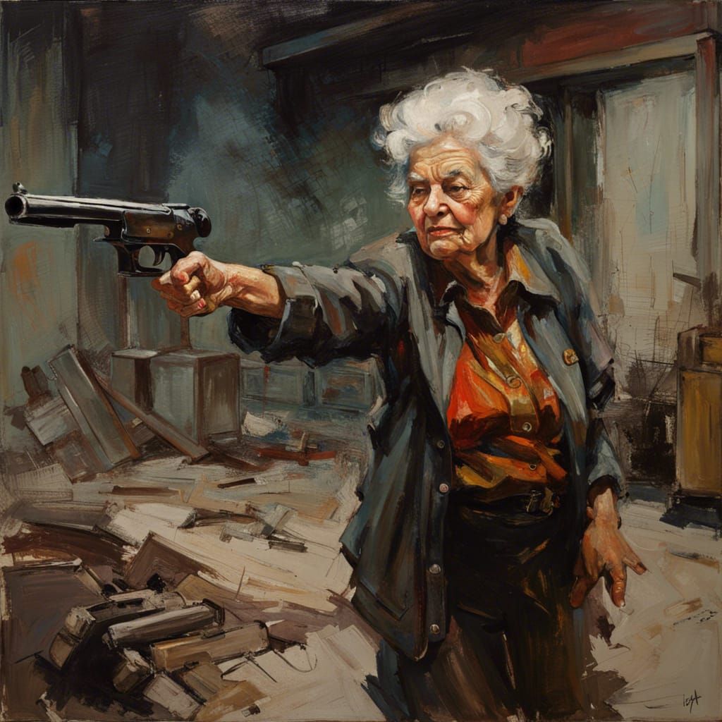 Dynamic Octogenarian Woman with Shotgun, Oil Painting