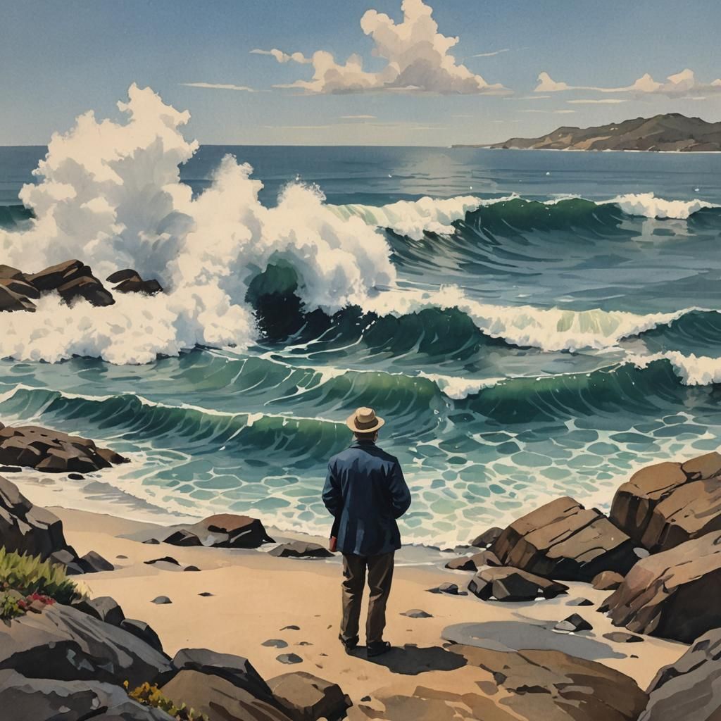 Gouache Painting: A Sea Discovered in a Book