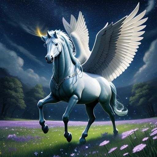 A serene meadow under the moonlight, where a majestic Pegasus stands with its wings spread wide. The meadow is filled wi...