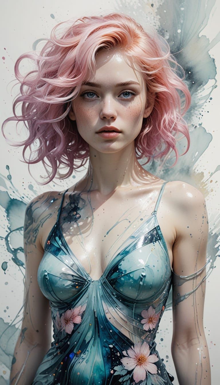 Pin-Up Woman Portrait in Ink and Watercolor Style