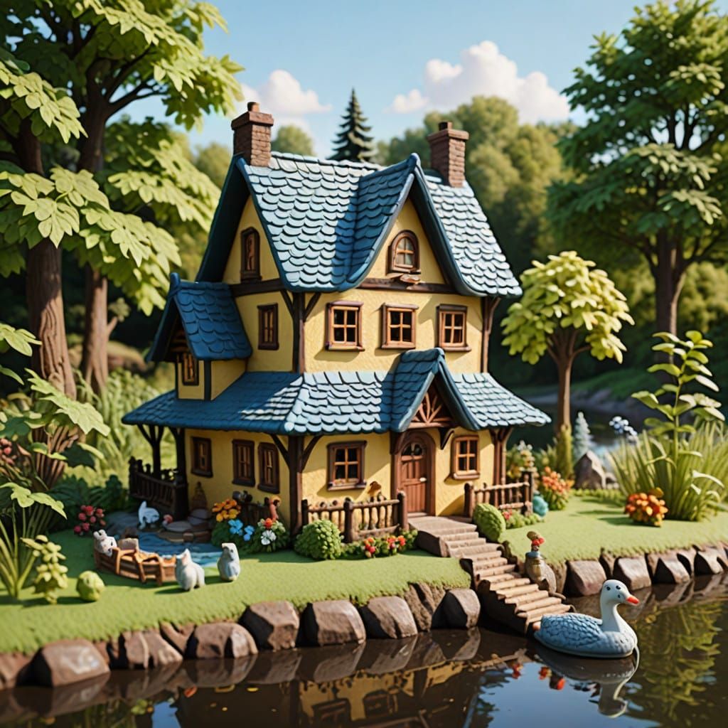 Vibrant Clay Village with Animals and Riverside Cottage