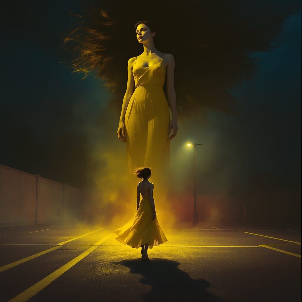 A Giant Female Figure in a Parking Lot Scene