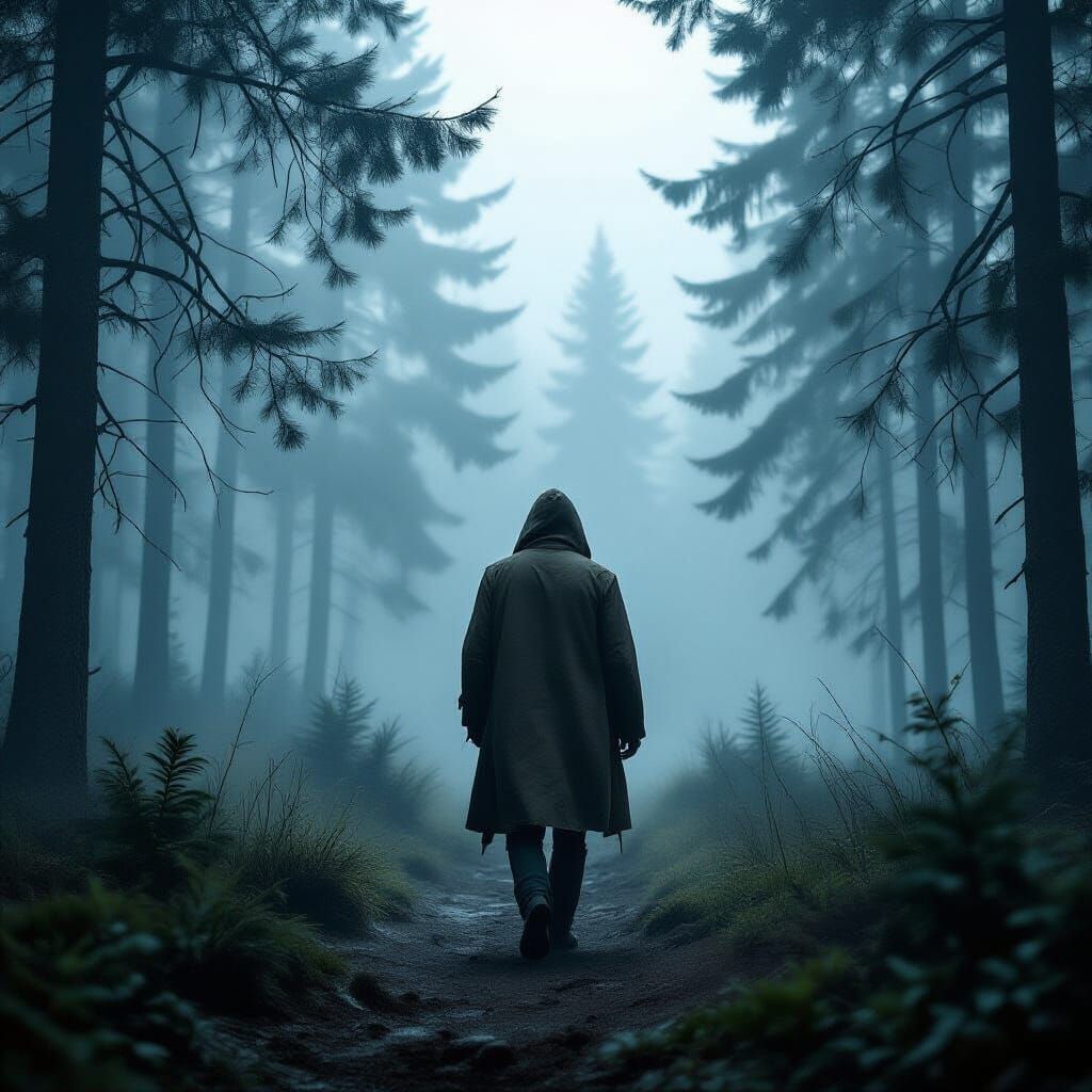 Lone Figure Walks in Ominous Foggy Forest