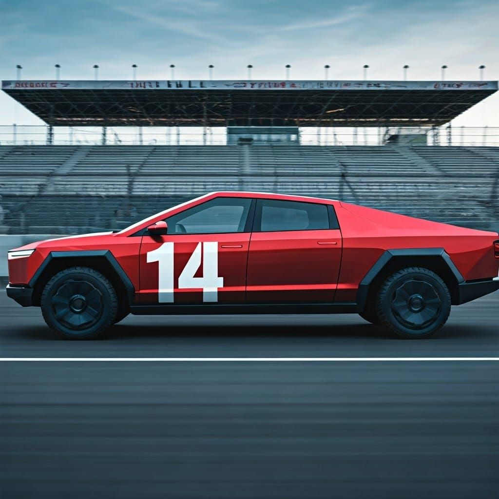 Red Cybertruck Races at Wall Stadium in Comic Style