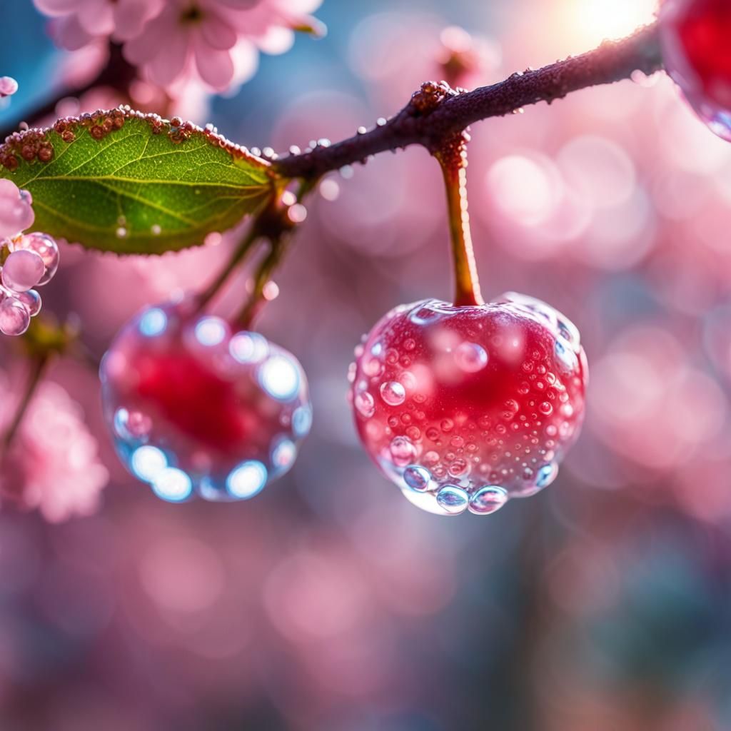 Opalescent Glass Cherry with Sakura Flowers in Fantasy Style