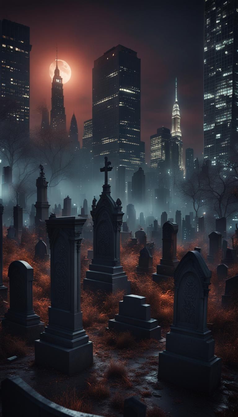 Creepy Manhattan Graveyard at Night: Matte Painting