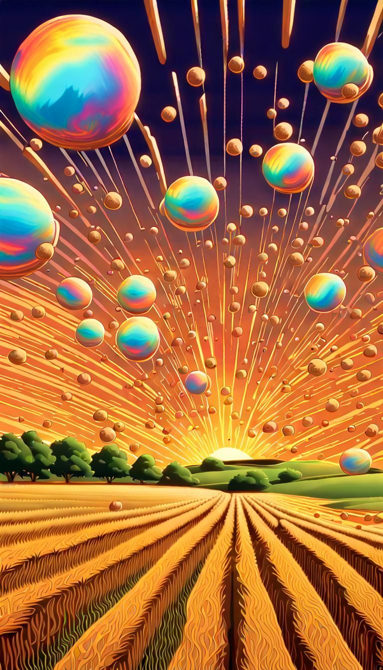 Iridescent Orbs Over Golden Field: Maximalist Digital Art