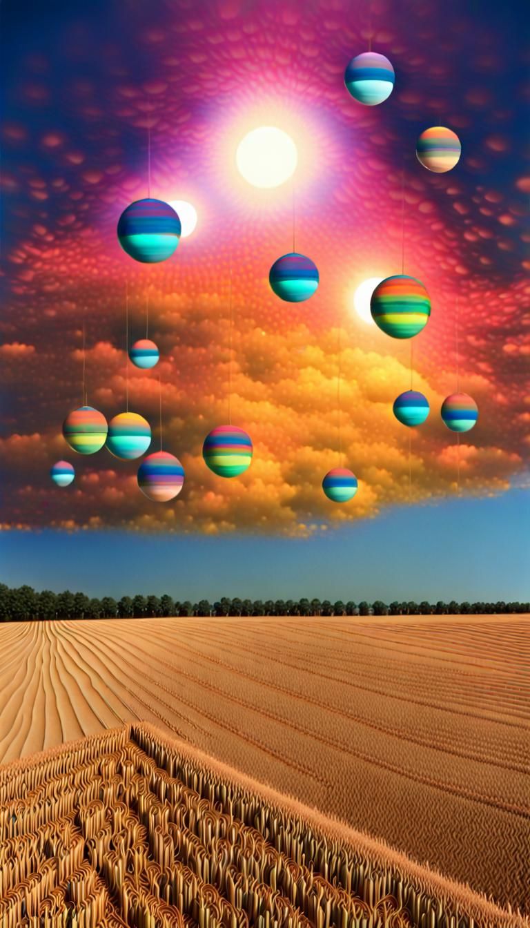Iridescent Orbs over Golden Field: Maximalist Digital Art