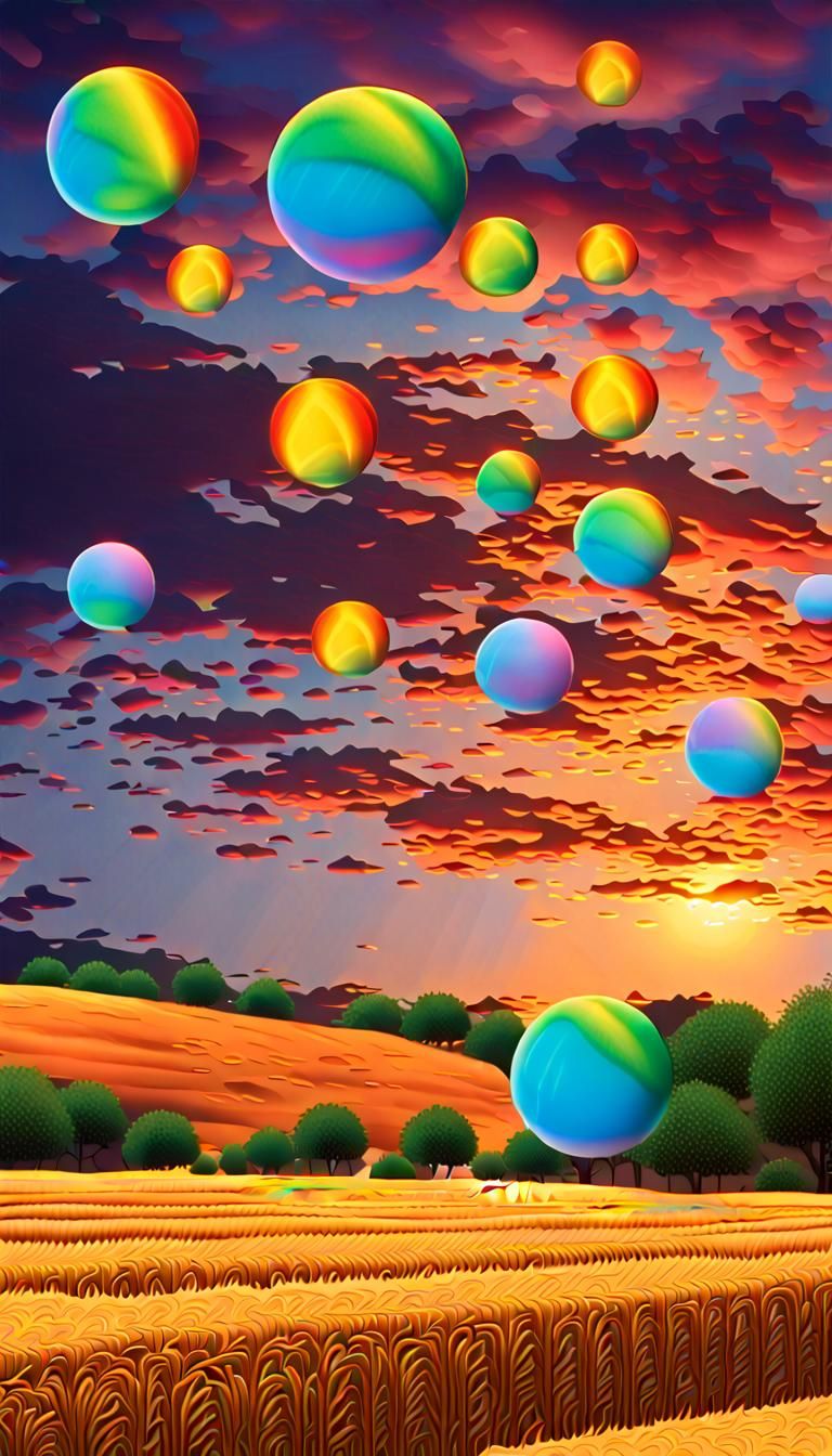 Iridescent Orbs Over Golden Field in Maximalist Style
