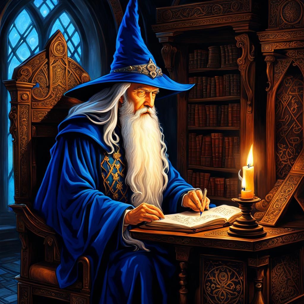 Wizard Using Computer in Mystical Candlelit Room