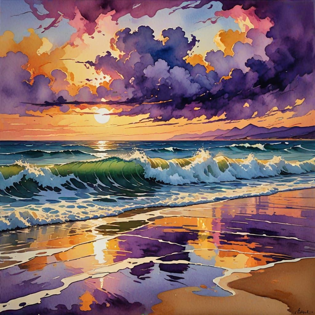 Dreamlike Seascape with Swirling Clouds, Watercolor Style