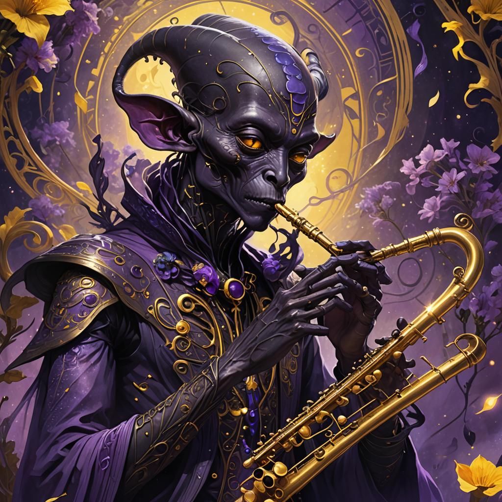 Alien Flute Player in Dark Fantasy Art Nouveau