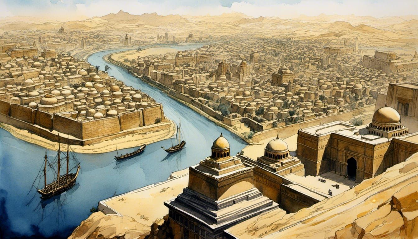 Euphrates River Scene in Loose Watercolor Style