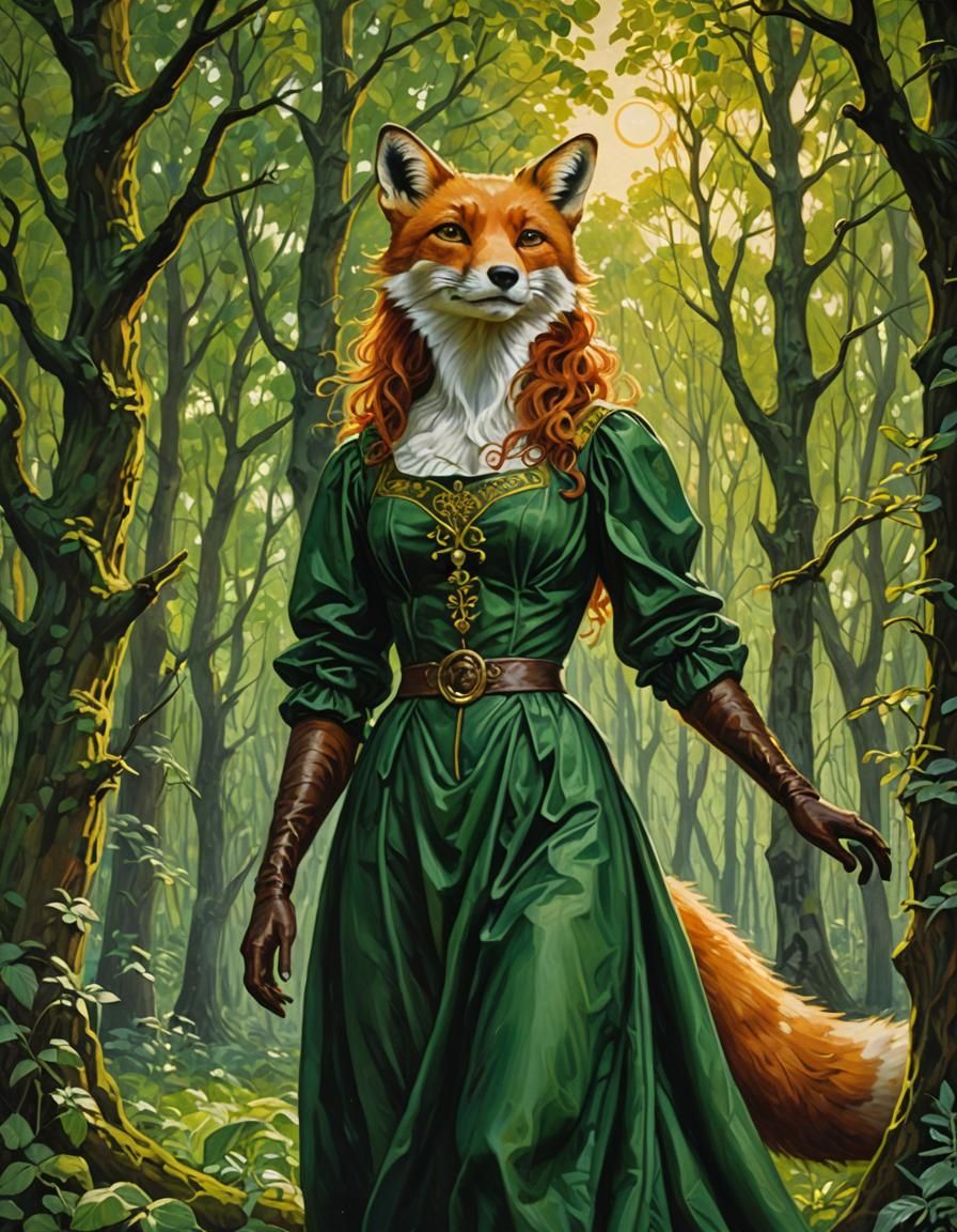 Female Fox in Forest, Impasto Art Nouveau Style
