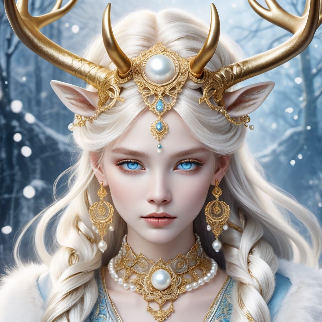 A stunning portrait of an ethereal, mythical female figure. She possesses striking ice-blue eyes that seem to pierce thr...