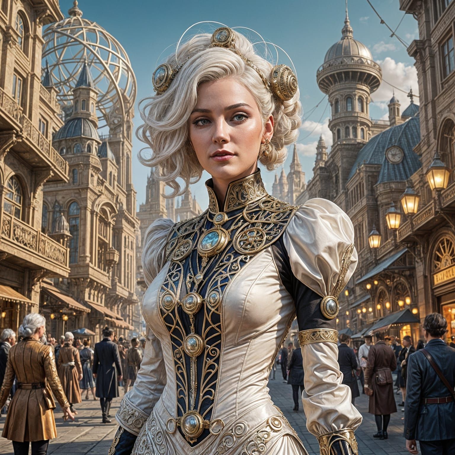 Art Deco Woman in Steampunk Cityscape