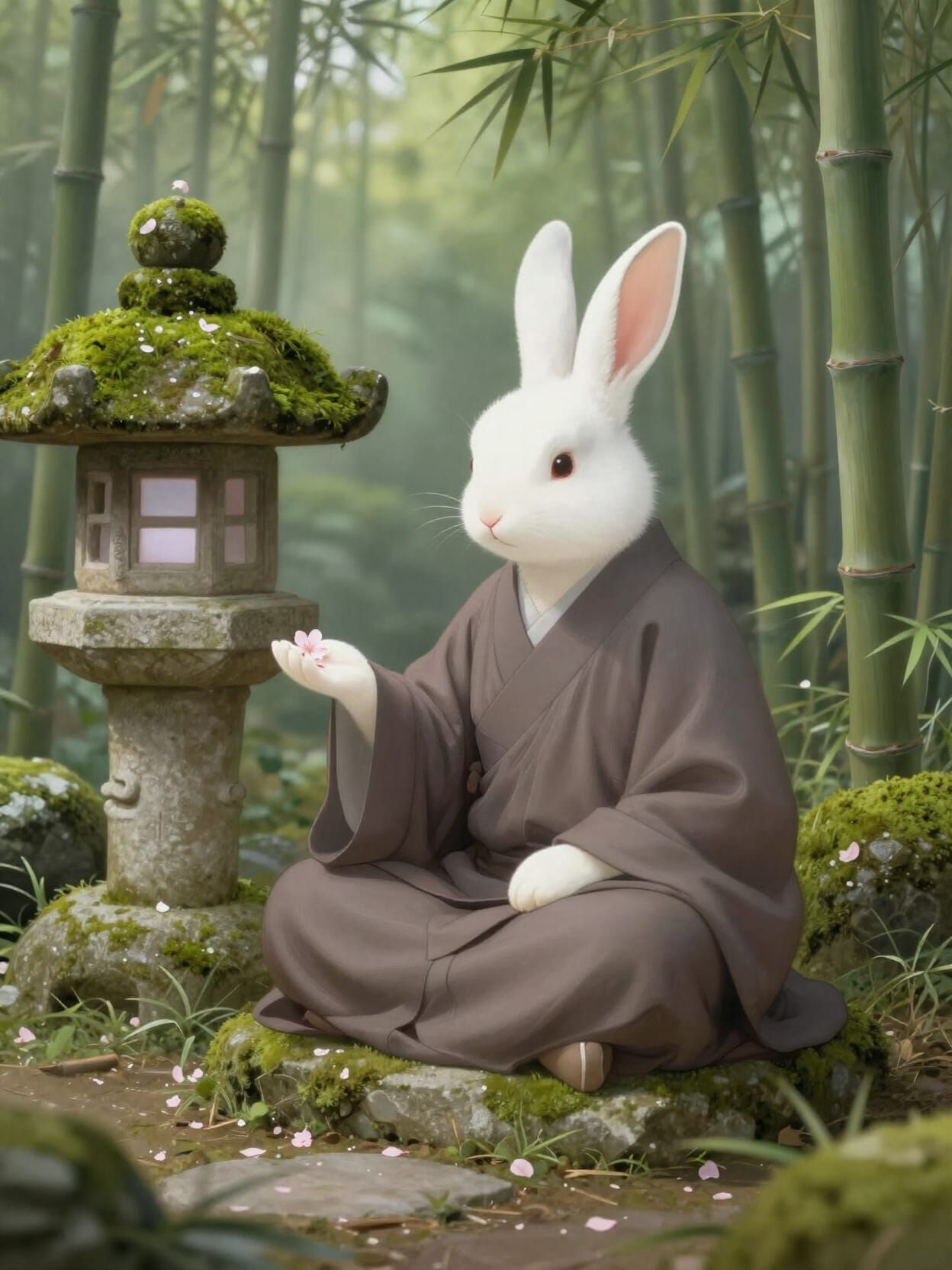 Rabbit Monk Meditating in Serene Bamboo Grove