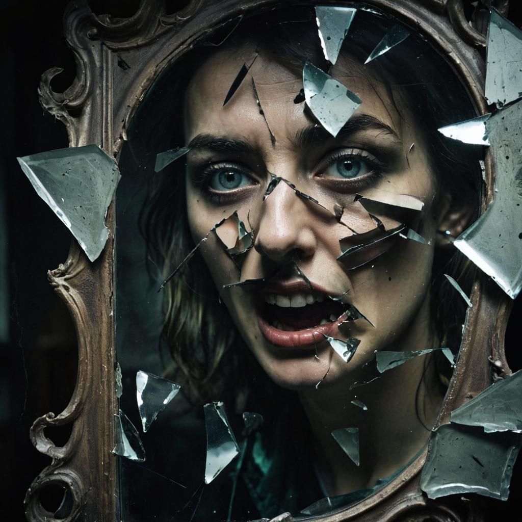Surreal Face Screaming in Broken Mirror