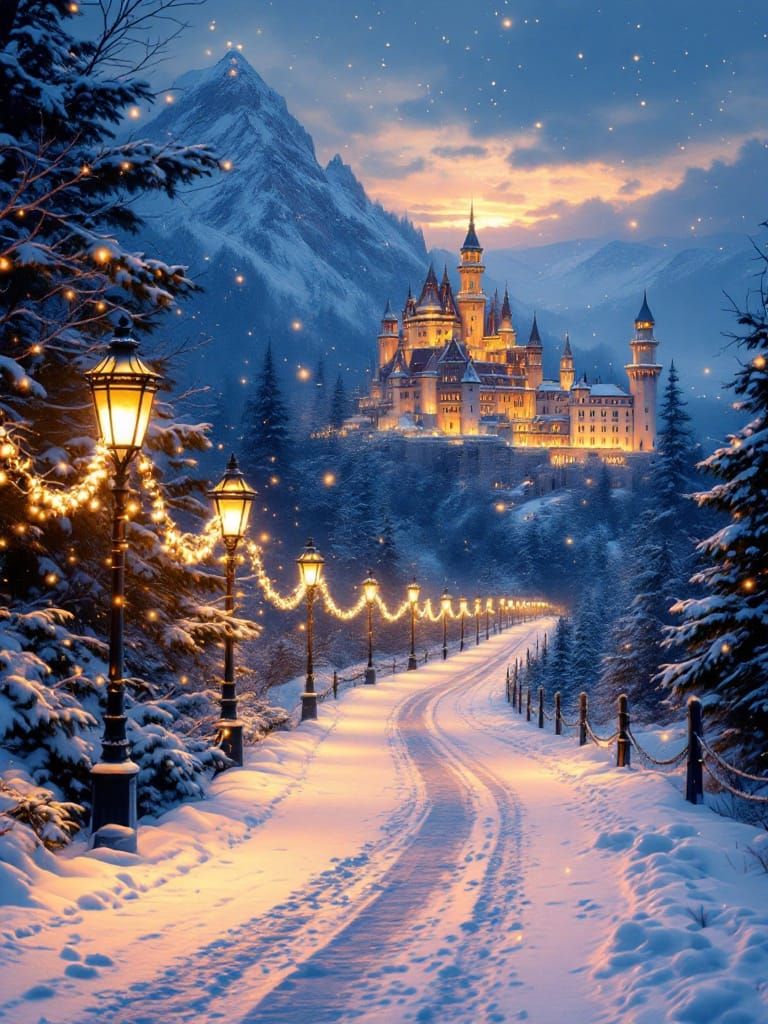 Dreamy Promenade in Snow with Distant Castle