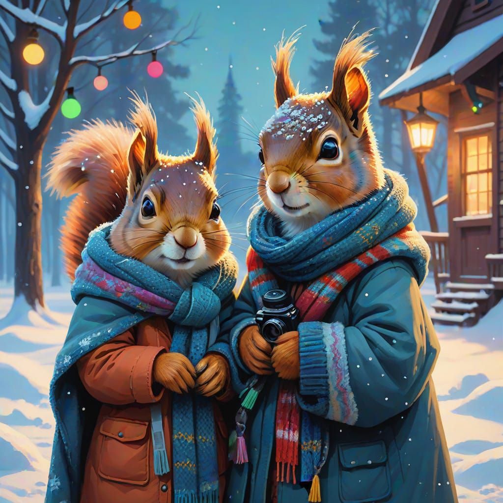 Winter Wonderland Squirrels Cozy Up with Christmas Tree