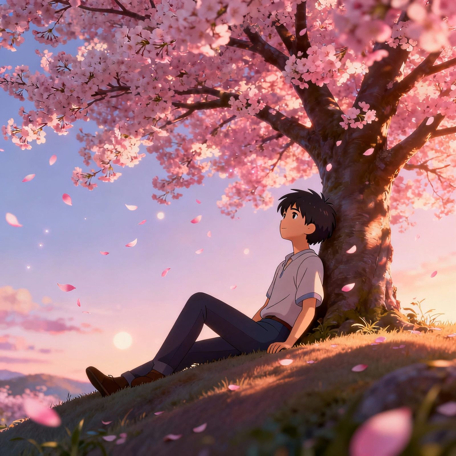 3D Anime Dusk Scene: Person Leans on Cherry Blossom Tree