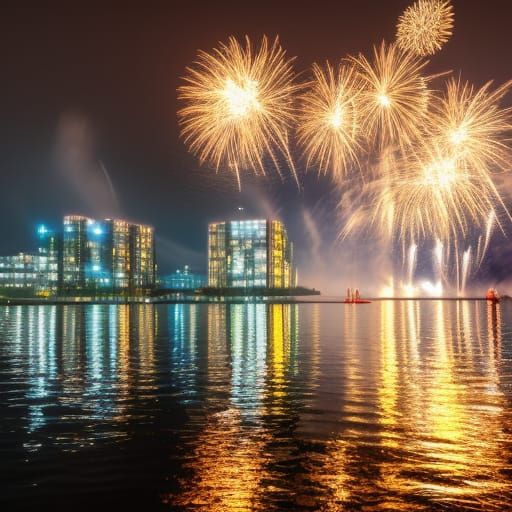 Night City Waterside Fireworks in 4K