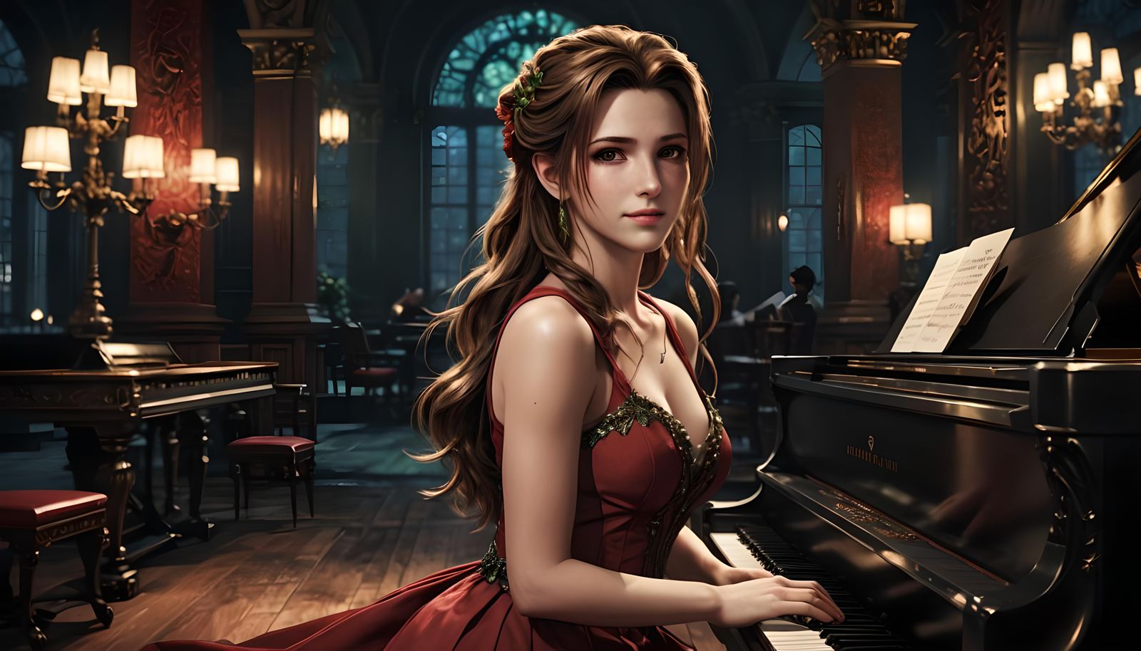 Aerith Gainsborough Plays Piano at Night