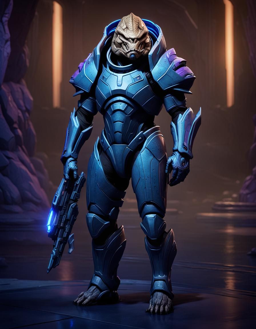 Armored Krogan Vanguard with Biotic Shield, Digital Art