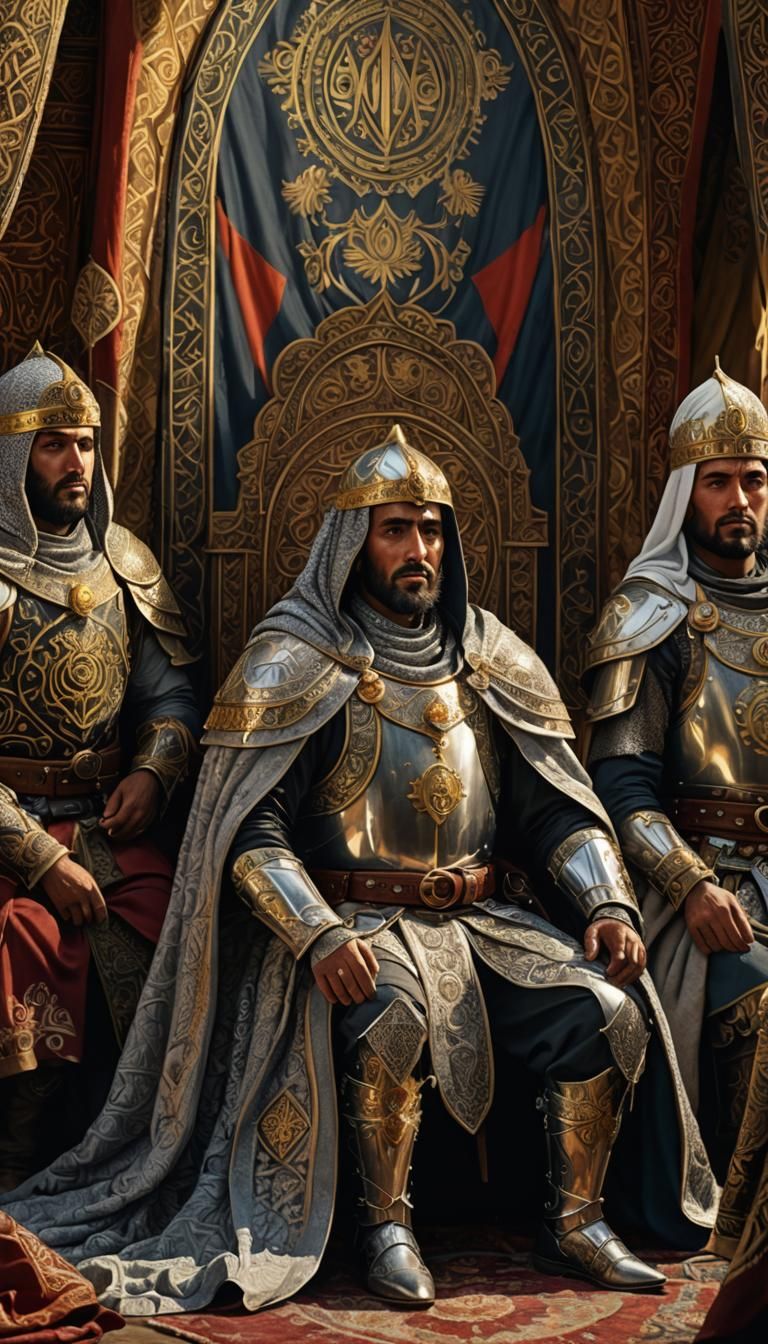 Saladin in Ornate Tent with Attentive Soldiers