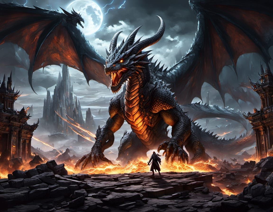 Dragon Soars Above Alien Battlefield in Epic Cyberpunk Scene