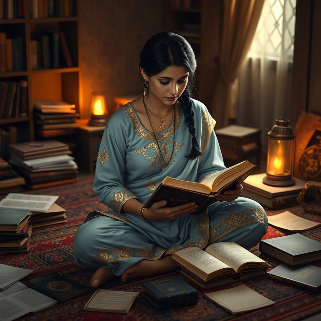 Indian Woman Studies Ancient Tome in Cozy Study Space with R...