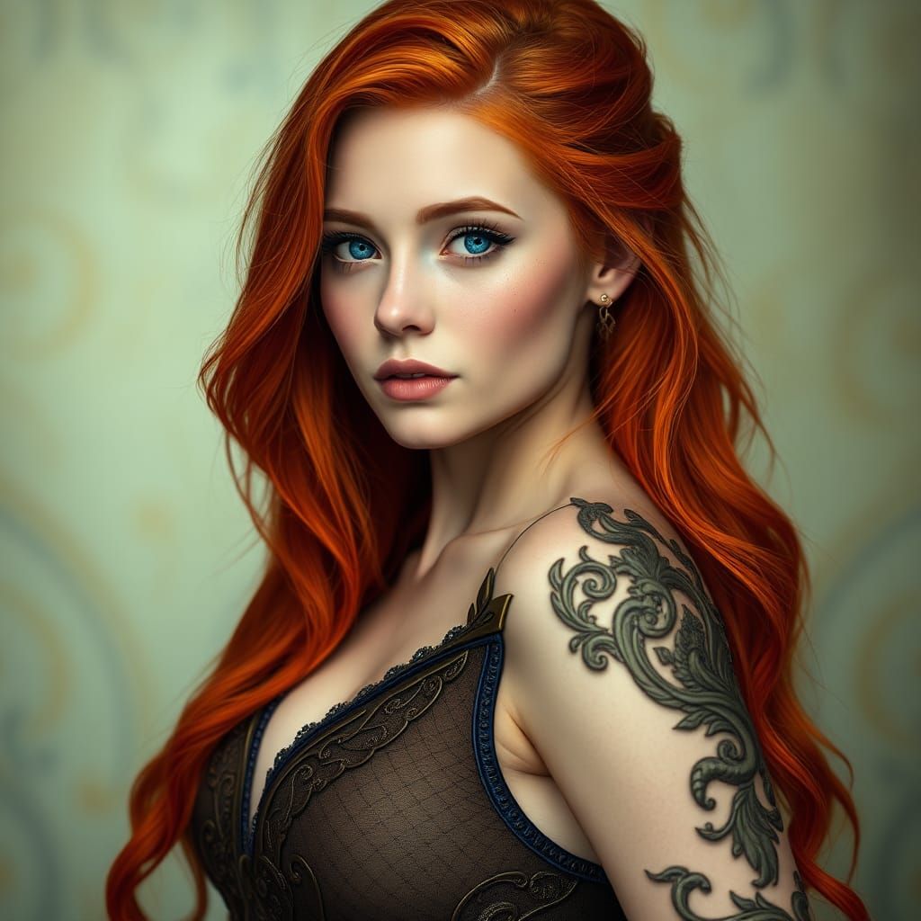 Confident Woman with Fiery Hair, Art Nouveau Outfit