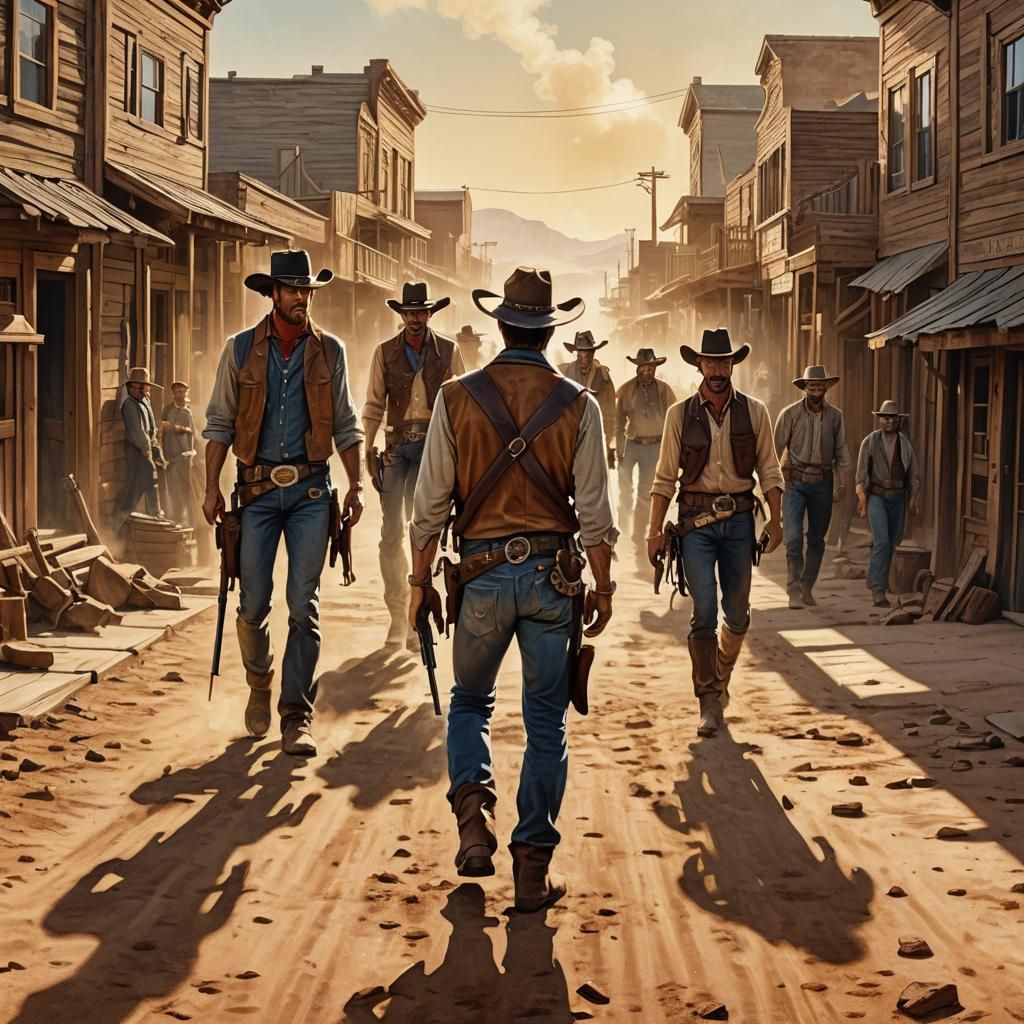 Cowboys in a High Noon Standoff: Western Illustration