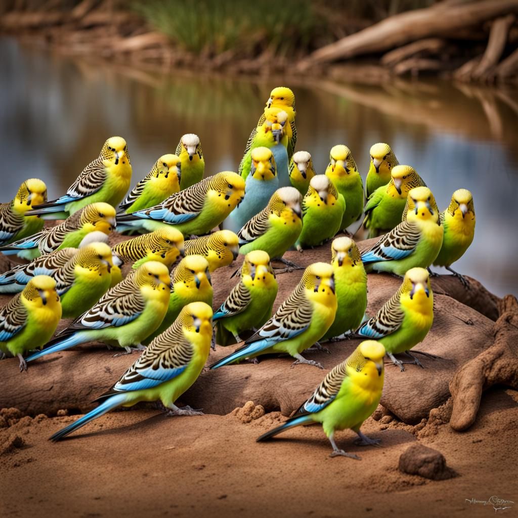 Vibrant Australian Budgerigar Flock in Hyperrealistic HDR