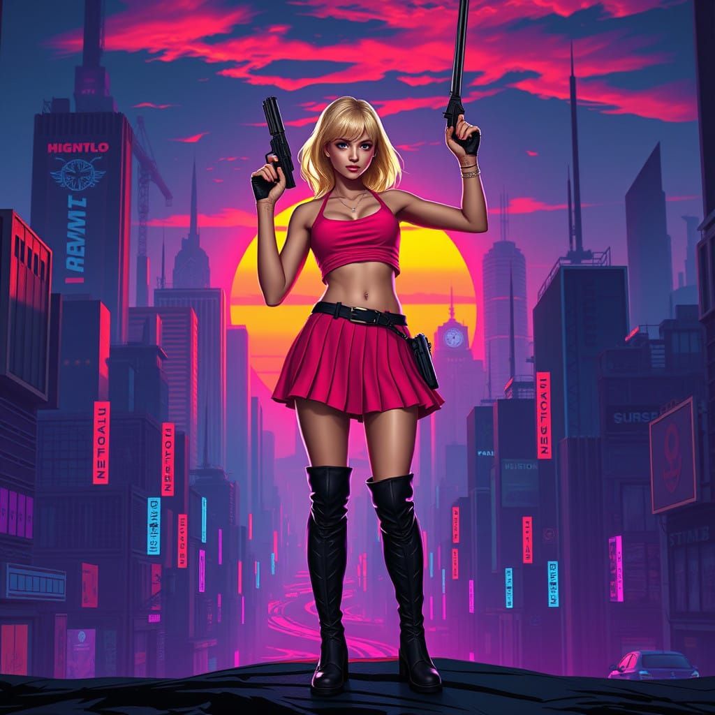 Cyberpunk Heroine in Neon Sunset City
