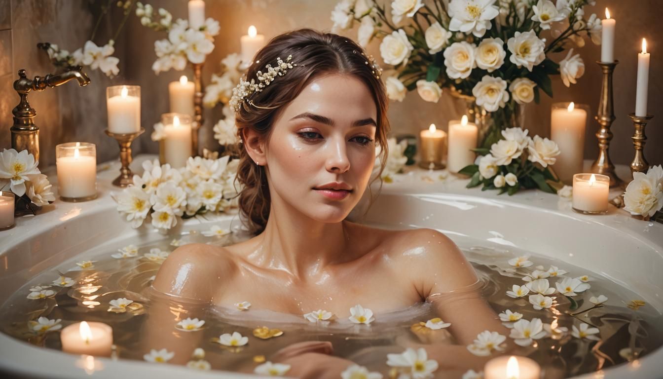 Woman in Bathtub Surrounded by Candles: Watercolor