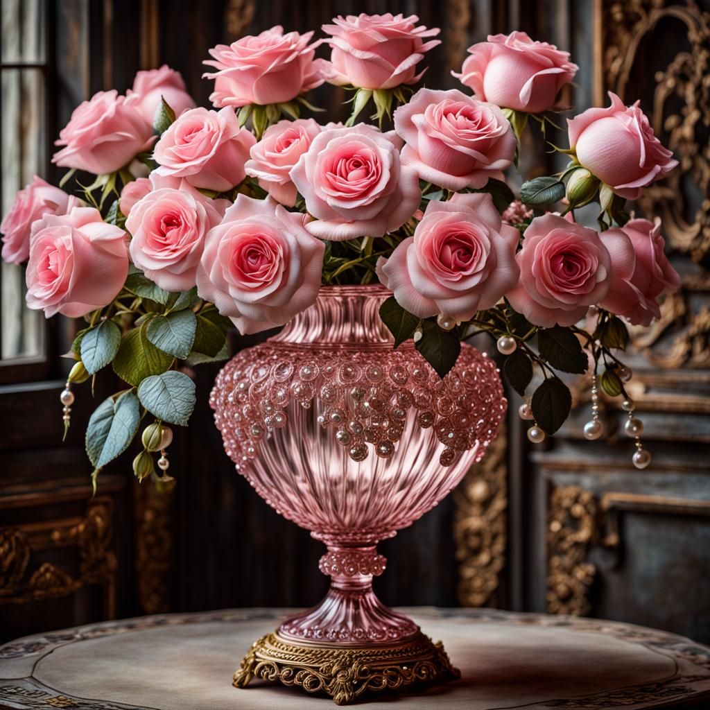Ornate Pink Rose Vase with Jewels and Pearls