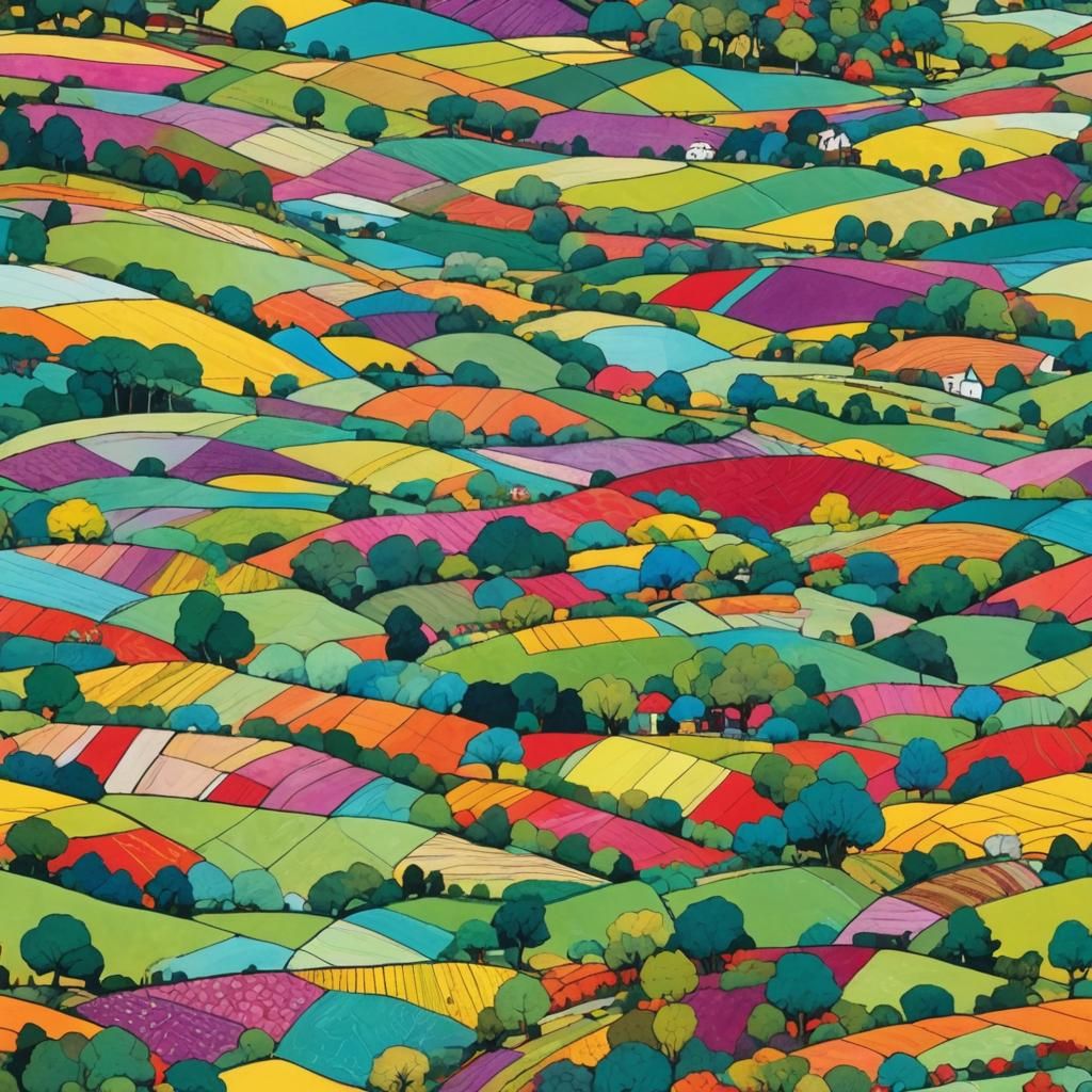 Patchwork landscape with complentary colours in bright vivid colours