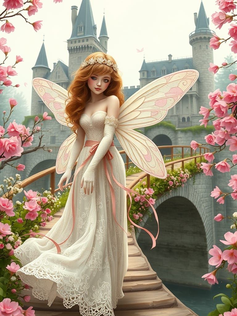 Whimsical Spring Fairy in Lavish Lace and Cherry Blossoms