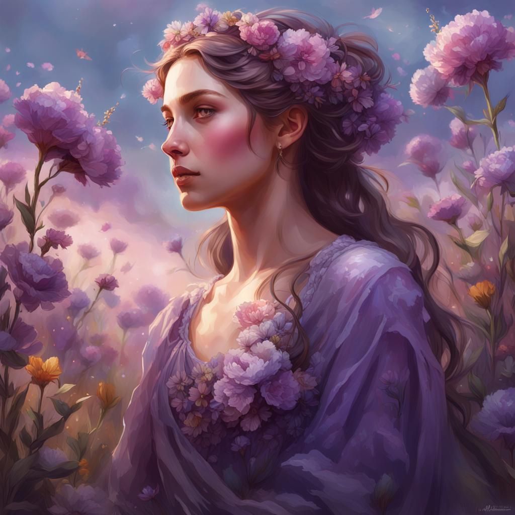 Ethereal Maiden in Flower Meadow, Digital Art