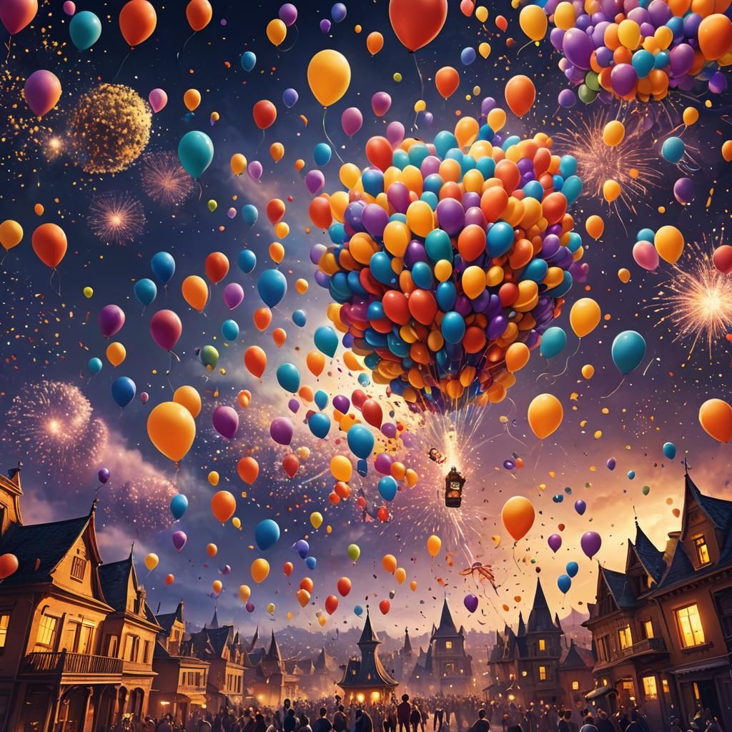 Whimsical Sky: Clowns, Balloons, and Fireworks