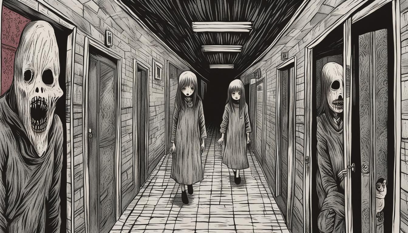 Junji Ito-Inspired Ghost Girls in Corridor Illustration