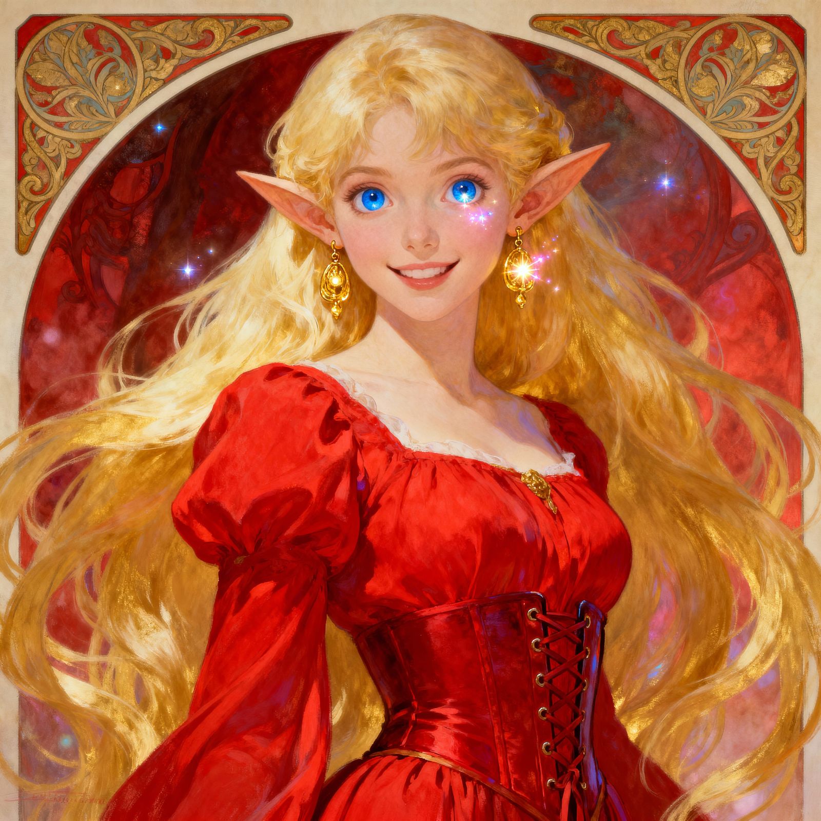 Beautiful Elf Maiden in Red Dress with Gold Earrings