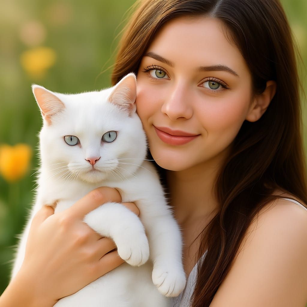 Peaceful White Cat Amongst Falling Petals